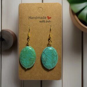 Handmade Turquoise Drop Bead Earrings 2″ Dangle Gold Plated Hook NEW